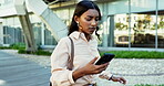Businesswoman, running and late for work on cellphone for location, communication or schedule. Indian woman, mobile device and time for corporate meeting in city stress crisis, outdoor or connection