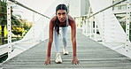 Runner, tie or woman in city to start fitness training, race exercise or cardio workout on outdoor bridge. Serious, lace or female sports athlete with focus or footwear for running in urban town