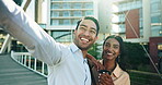 Man, woman and selfie for business work trip for professional networking, meeting or corporate opportunity. Friends, colleagues and social media update on bridge for company,  teamwork or partnership