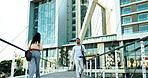 Man, woman and commute to work, city and walk to office, businesswoman and smiling. Modern bridge, employees and workers in urban area, cape town and people in morning, adult and businesswoman
