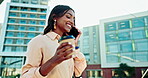 Businesswoman, phone call and coffee for talking or walking for trip communication, connection or professional. Indian woman, mobile device and caffeine drink on bridge for travel, corporate or chat