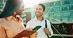 Business man, woman and phone on city bridge, texting and talking with coffee, smile and meme. Employees, friends and colleagues with smartphone, social network and reading notification on metro road
