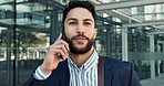 Happy businessman, phone call and communication in city for proposal or outdoor conversation. Face of man or employee smile and talking on mobile smartphone for business discussion outside building