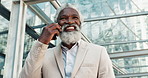 Senior black man, phone call and business conversation in city for proposal or outdoor communication. Face of mature African businessman smile and talking on mobile smartphone for discussion outside