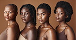 Beauty, face or black women with skincare, glowing skin or afro isolated on brown background. Facial dermatology, models or natural cosmetics for makeup in studio with girl friends or African people