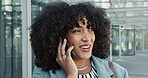 Happy black woman, phone call and business conversation in city for proposal or outdoor communication. Face of African female person, afro and smile talking on mobile smartphone in discussion outside