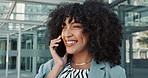 Happy black woman, phone call and business conversation for communication or proposal in city. Face of African female person, afro or smile talking on mobile smartphone in discussion outside building