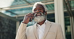 Senior black man, phone call and business in city for proposal, communication or outdoor conversation. Face of mature African businessman smile and talking on mobile smartphone for discussion outside