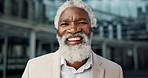 Face, smile and mature business black man in lobby of glass office for corporate employment or career closeup. Portrait, professional and confidence with happy CEO, manager or executive at work