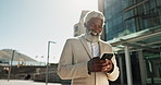 Outdoor, business or old man with cellphone, connection or mobile user with internet, typing and network. City, African person or employee with smartphone, mobile user or lens flare with social media