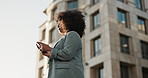 Outdoor, business and woman with smartphone, walking and typing with mobile user, connection and internet. City, person and employee with cellphone, mobile user and social media with network and app