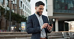 Outdoor, business and man with smartphone, typing and internet with connection, smile and network Outside, person and employee with cellphone, mobile user and social media with contact or digital app