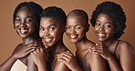 Face, beauty and skincare with black woman friends in studio on a brown background for natural wellness. Portrait, smile and happy with a group of people looking confident at antiaging treatment