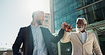 Business men, fist bump and team in street with smile, support and respect on walk to investment company. Partnership, friends and staff with hello, happy and commute on city sidewalk in Cape Town