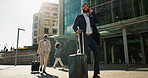 Business man, phone call and suitcase in city, street or conversation for booking, travel or transportation. Corporate employee, smartphone or happy for talk, chat or luggage on sidewalk in Cape Town
