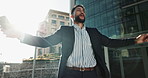 Phone, dance and a businessman in the city for celebration of success, bonus or promotion. Wow, mobile and winner with a young employee cheering for goals, target or corporate achievement in town