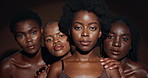 Face of black women, friends or natural skincare for wellness, cosmetics or healthy skin in studio. Beauty, group or serious African models with glow, pride or dermatology results on brown background