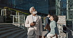 Phone, vision and mature businessman in the city for his morning commute while thinking of the future. Idea, communication or networking with a corporate black person walking outdoor in an urban town