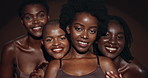 Face of happy black women, friends or natural skincare for wellness, cosmetics or healthy skin in studio. Smile, group or proud African models with glow, pride or beauty results on brown background