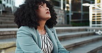 Business, stairs and woman with stress, sad and depression with professional, mistake and outdoor. Person, city and lady with anxiety, burnout and poor review with feedback, unemployed and frustrated