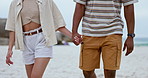 Couple, closeup and holding hands while walking at beach for love, summer holiday and tropical travel for romantic vacation. Man, woman and relax at ocean for support, freedom and date with partner