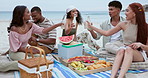 Friends, beach picnic and toast bottle for celebration, birthday or new years with food, relax or vacation. Men, women and happy with cheers, drink or alcohol by ocean, holiday or summer in Cape Town