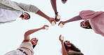 Group of people, drink bottle and toast for celebration outdoor for new year, party and holiday with alcohol. Happy friends with social life and soda, wine or ginger beer cocktail for cheers below