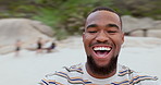 Pov, beach and black man with vacation, funny and seaside with weekend break, journey and excited. Face, African person and guy with happiness, travel and adventure with summer, ocean and energy