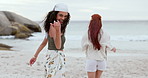 Beach, face and women friends running to water with freedom, fun and come hand gesture in nature. Energy, travel and excited people at sea for tropical journey, adventure or Florida waves experience