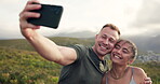 Hiking, love or happy couple in selfie in nature for photograph memory, teamwork or wellness. Romantic date, care or healthy people taking picture for social media vlog or post in park for holiday