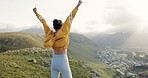 Fitness, success or woman on mountain peak with arms raised for victory, achievement or exercise goals. Runner, gratitude or back of athlete in celebration of running, training or workout in nature