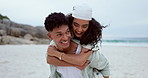 Couple, smile and piggy back at beach for love, care and romantic holiday, vacation and travel to Bali. Happy man, walking and carrying woman at ocean for freedom, fun and laughing together in summer