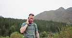 Hiking, man and phone call problem in nature with connection fail, error or 404 glitch. Trekking, travel or male hiker with smartphone issue, lost or network search for location, app or directions