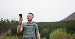 Hiking, man and phone problem in nature with connection fail, error or 404 glitch outdoor. Trekking, travel or male hiker with smartphone issue, lost or network search for location, app or directions