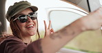 Happy, selfie and young woman on road trip for vacation, adventure or holiday in nature. Smile, goofy face and female person with photography picture in car for memory on outdoor weekend getaway.