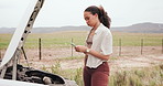 Woman, car breakdown and phone in countryside with contact for insurance, help or accident. Person, street and ideas for vehicle for fluid, liquid and engine with smartphone, thinking and solution