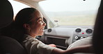 Woman, driver and car with talking, laughing and happy for road trip, transportation and travel. People, conversation and friends with comic joke, memory or journey on adventure, holiday or vacation