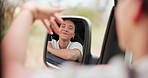 Face, mirror and arm with black woman in car for travel, freedom or summer adventure. Window, smile and road trip with reflection of young passenger in vehicle for vacation or holiday transportation