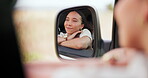 Mirror, reflection and road trip with black woman in car for travel, freedom or summer adventure. Face, window and relax with happy young passenger in vehicle for vacation or holiday transportation