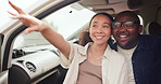 Happy, travel and young couple in a car for vacation or adventure road trip together. Smile, love and interracial man and woman bonding, sightseeing and driving in a vehicle for summer holiday.