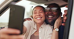 Happy couple, car and selfie for photography, memory or picture in countryside travel together. Man and woman hug with smile for vlog, social media or holiday vacation in vehicle for road trip