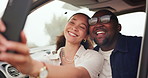 Happy, selfie and young couple on road trip for vacation, adventure or holiday in nature. Smile, love and interracial man and woman with photography picture in car for memory on weekend getaway.