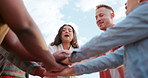 Teamwork, outdoor or friends with hands stack for motivation, support or solidarity together. Celebration, wellness or group of happy people in huddle for goals, targets or fun mission in summer