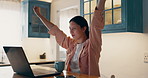 Remote work, laptop or woman with winner fist celebration in home office for good news, feedback or review. Online, success or excited female freelancer with arms up gesture for job promotion or goal