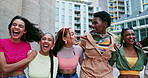 Excited, walking or friends with fashion in city on holiday vacation with cool clothing, streetwear or swag. Happy people, adventure or trendy stylish urban clothes with smile, group or youth culture