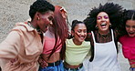 Hug, dancing or happy people with fashion on outdoor holiday vacation with smile, streetwear or joy. Crazy friends, funny women or trendy stylish urban clothes with confidence, group or youth culture