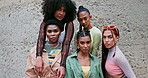 Face, attitude or friends with fashion on outdoor holiday vacation with edgy clothing, streetwear or wall. Cool women, serious or trendy stylish urban clothes with confidence, group or youth culture 