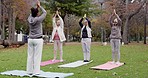 Trainer, park and elderly women stretching, yoga and fitness for wellness, health and pilates training. Female people, senior club or group outdoor, meditation or workout with exercise or retirement