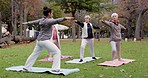 Trainer, park and old women stretching, yoga and fitness for wellness, exercise and pilates training. Female people, senior club and group outdoor, meditation and workout with health and retirement