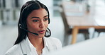 Customer service, computer video call and corporate woman face consulting in sales telemarketing webinar. Technical support, web communication advice or female consultant explain on online conference